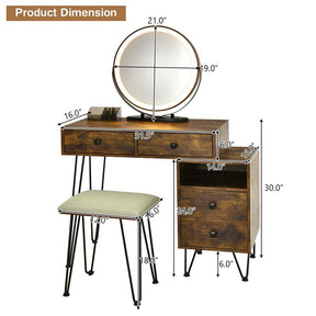 Wooden Makeup Dressing Table Bedroom Vanity Set with 3 Colors Lighted Mirror & Stool, Left or Right Side Cabinet