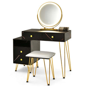 Wooden Makeup Dressing Table Bedroom Vanity Set with 3 Colors Lighted Mirror & Stool, Left or Right Side Cabinet
