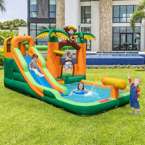 7-in-1 Inflatable Backyard Water Slide, Jungle Kids Bouncy Castle Water Park with Long Slide, Splash Pool & 680W Blower for Indoor Outdoor Party Gift