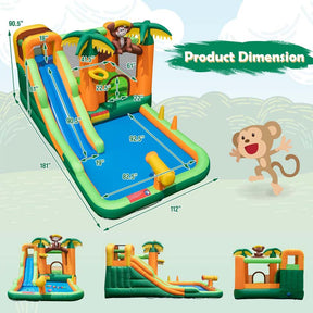7-in-1 Inflatable Backyard Water Slide, Jungle Kids Bouncy Castle Water Park with Long Slide, Splash Pool & 680W Blower for Indoor Outdoor Party Gift