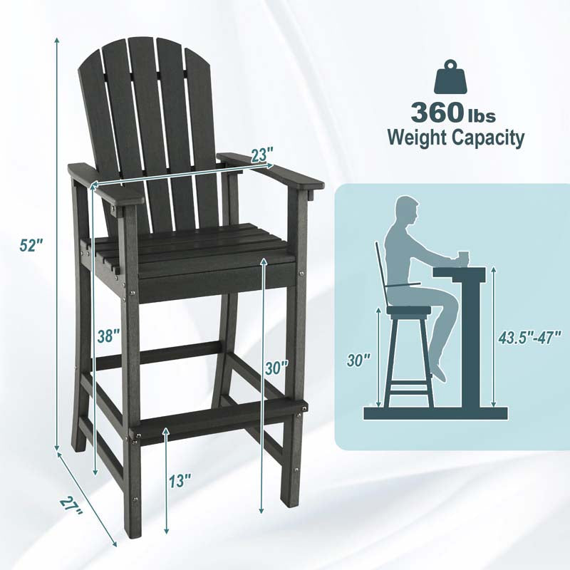30" Tall Adirondack Bar Chairs, All-Weather HDPE Outdoor Bar Height Stools with Backrest, Armrests & Footrest for Backyard, Poolside