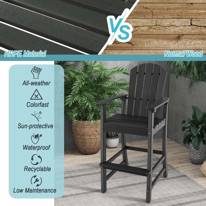 30" Tall Adirondack Bar Chairs, All-Weather HDPE Outdoor Bar Height Stools with Backrest, Armrests & Footrest for Backyard, Poolside