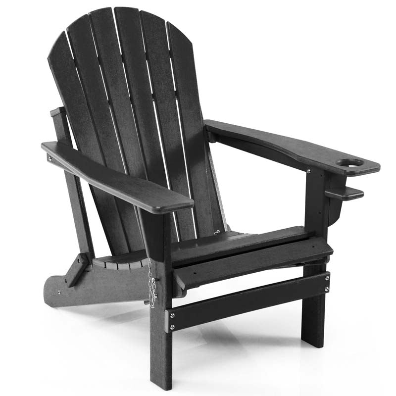 All-Weather HDPE Folding Adirondack Chair with Retractable Ottoman & Cup Holder, Outdoor Patio Fire Pit Lounge Chair for Backyard, Poolside