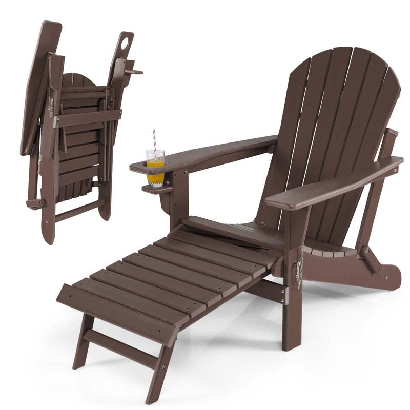 All-Weather HDPE Folding Adirondack Chair with Retractable Ottoman & Cup Holder, Outdoor Patio Fire Pit Lounge Chair for Backyard, Poolside