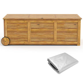 48 Gallon Wooden Rolling Patio Storage Deck Box, Garden Organizer Box with 2 Wheels, 1 Handle, Water-resistant Inner Bag