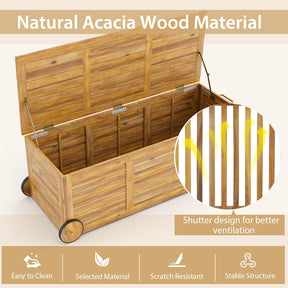 48 Gallon Wooden Rolling Patio Storage Deck Box, Garden Organizer Box with 2 Wheels, 1 Handle, Water-resistant Inner Bag