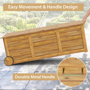 48 Gallon Wooden Rolling Patio Storage Deck Box, Garden Organizer Box with 2 Wheels, 1 Handle, Water-resistant Inner Bag