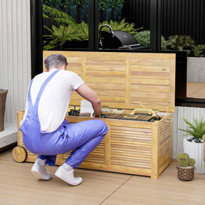 48 Gallon Wooden Rolling Patio Storage Deck Box, Garden Organizer Box with 2 Wheels, 1 Handle, Water-resistant Inner Bag