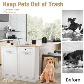 Kitchen Tilt Out Trash Cabinet, Buffet Sideboard w/ Trash Can Holder, 2 Drawers, Rubberwood Countertop & Adj. Shelves, Pet Proof Laundry Hamper