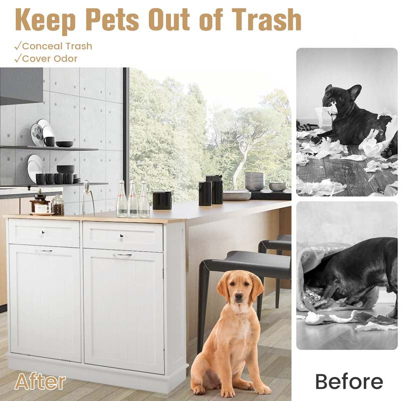 Kitchen Tilt Out Trash Cabinet, Buffet Sideboard w/ Trash Can Holder, 2 Drawers, Rubberwood Countertop & Adj. Shelves, Pet Proof Laundry Hamper