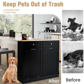 Kitchen Tilt Out Trash Cabinet, Buffet Sideboard w/ Trash Can Holder, 2 Drawers, Rubberwood Countertop & Adj. Shelves, Pet Proof Laundry Hamper