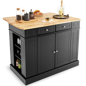 Kitchen Island with Drop Leaf, Rubber Wood Countertop, 2 Drawers, Storage Cabinet, Spice Racks & Adjustable Shelves for Breakfast, Coffee Bar