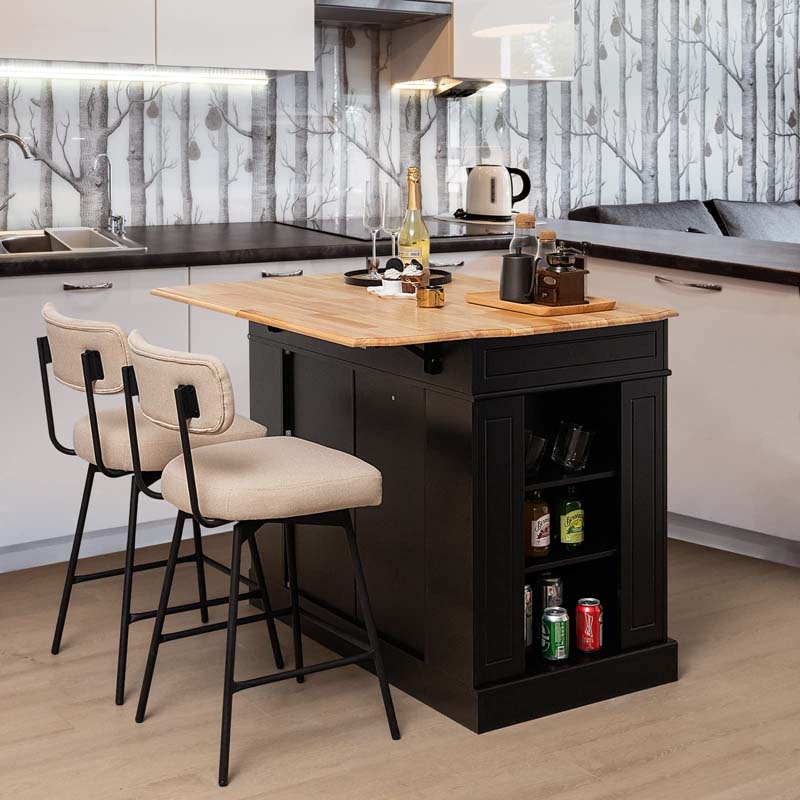 Kitchen Island with Drop Leaf, Rubber Wood Countertop, 2 Drawers, Storage Cabinet, Spice Racks & Adjustable Shelves for Breakfast, Coffee Bar