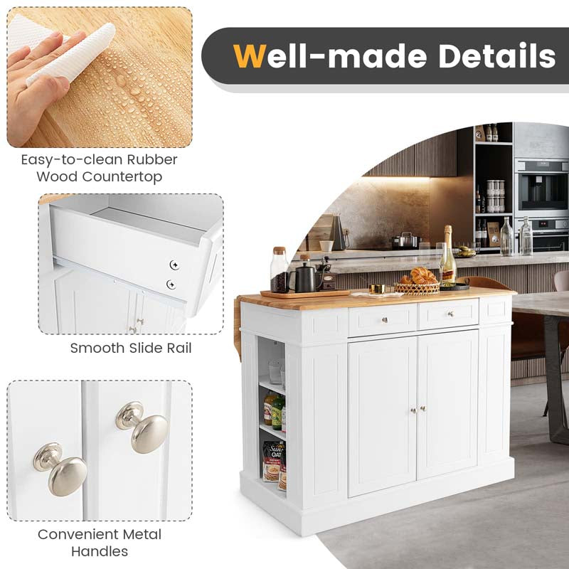 Kitchen Island with Drop Leaf, Rubber Wood Countertop, 2 Drawers, Storage Cabinet, Spice Racks & Adjustable Shelves for Breakfast, Coffee Bar