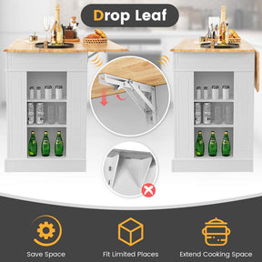 Kitchen Island with Drop Leaf, Rubber Wood Countertop, 2 Drawers, Storage Cabinet, Spice Racks & Adjustable Shelves for Breakfast, Coffee Bar