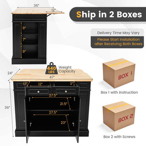 Kitchen Island with Drop Leaf, Rubber Wood Countertop, 2 Drawers, Storage Cabinet, Spice Racks & Adjustable Shelves for Breakfast, Coffee Bar