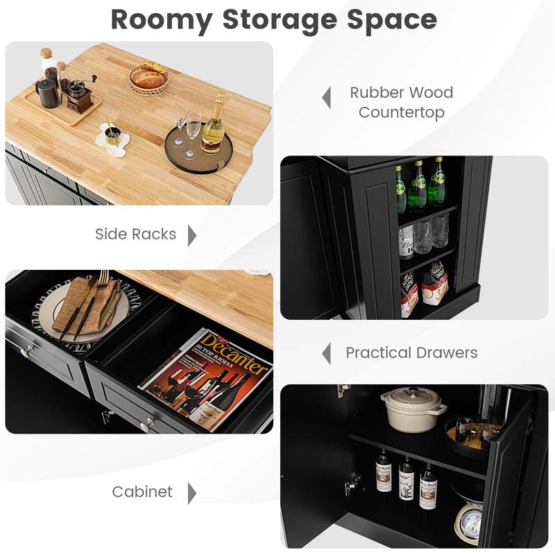 Kitchen Island with Drop Leaf, Rubber Wood Countertop, 2 Drawers, Storage Cabinet, Spice Racks & Adjustable Shelves for Breakfast, Coffee Bar