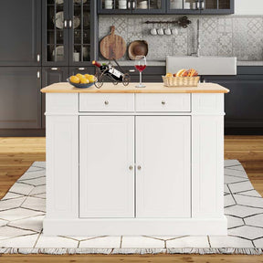 Kitchen Island with Drop Leaf, Rubber Wood Countertop, 2 Drawers, Storage Cabinet, Spice Racks & Adjustable Shelves for Breakfast, Coffee Bar