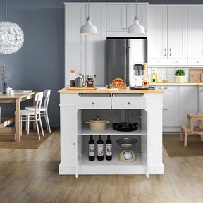 Kitchen Island with Drop Leaf, Rubber Wood Countertop, 2 Drawers, Storage Cabinet, Spice Racks & Adjustable Shelves for Breakfast, Coffee Bar