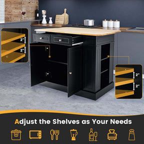 Kitchen Island with Drop Leaf, Rubber Wood Countertop, 2 Drawers, Storage Cabinet, Spice Racks & Adjustable Shelves for Breakfast, Coffee Bar