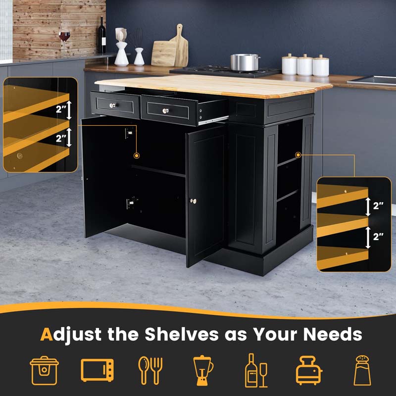 Kitchen Island with Drop Leaf, Rubber Wood Countertop, 2 Drawers, Storage Cabinet, Spice Racks & Adjustable Shelves for Breakfast, Coffee Bar