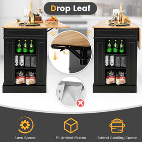 Kitchen Island with Drop Leaf, Rubber Wood Countertop, 2 Drawers, Storage Cabinet, Spice Racks & Adjustable Shelves for Breakfast, Coffee Bar