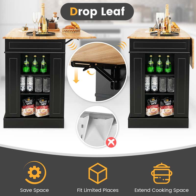 Kitchen Island with Drop Leaf, Rubber Wood Countertop, 2 Drawers, Storage Cabinet, Spice Racks & Adjustable Shelves for Breakfast, Coffee Bar
