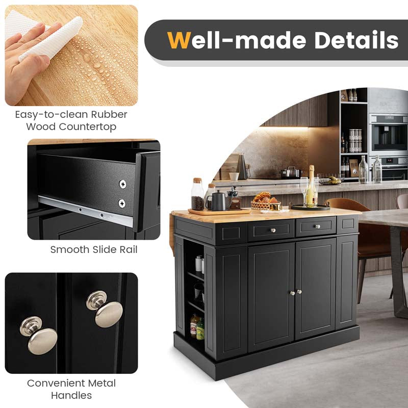 Kitchen Island with Drop Leaf, Rubber Wood Countertop, 2 Drawers, Storage Cabinet, Spice Racks & Adjustable Shelves for Breakfast, Coffee Bar