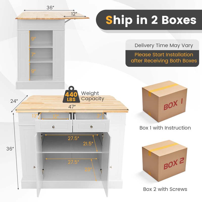 Kitchen Island with Drop Leaf, Rubber Wood Countertop, 2 Drawers, Storage Cabinet, Spice Racks & Adjustable Shelves for Breakfast, Coffee Bar