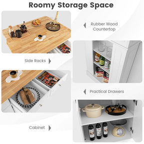 Kitchen Island with Drop Leaf, Rubber Wood Countertop, 2 Drawers, Storage Cabinet, Spice Racks & Adjustable Shelves for Breakfast, Coffee Bar