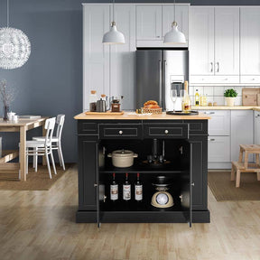 Kitchen Island with Drop Leaf, Rubber Wood Countertop, 2 Drawers, Storage Cabinet, Spice Racks & Adjustable Shelves for Breakfast, Coffee Bar