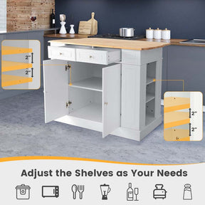 Kitchen Island with Drop Leaf, Rubber Wood Countertop, 2 Drawers, Storage Cabinet, Spice Racks & Adjustable Shelves for Breakfast, Coffee Bar