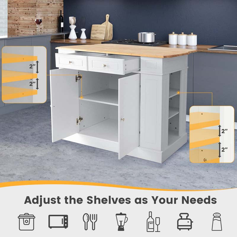 Kitchen Island with Drop Leaf, Rubber Wood Countertop, 2 Drawers, Storage Cabinet, Spice Racks & Adjustable Shelves for Breakfast, Coffee Bar