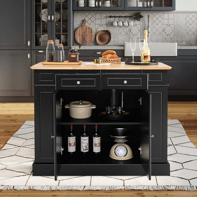 Kitchen Island with Drop Leaf, Rubber Wood Countertop, 2 Drawers, Storage Cabinet, Spice Racks & Adjustable Shelves for Breakfast, Coffee Bar