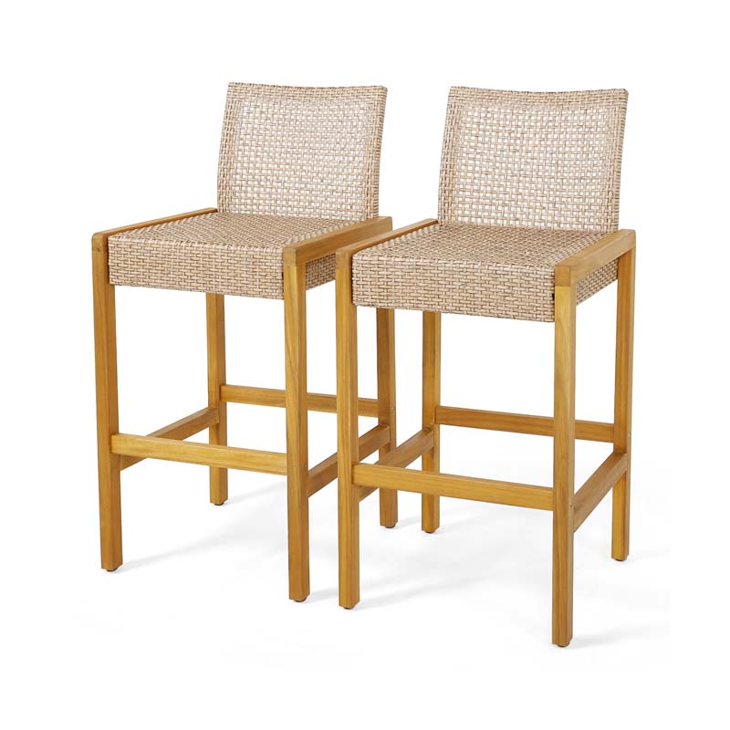 Outdoor Wicker Bar Stools Set of 2/4, PE Rattan Bar Height Patio Chairs with Footrest & Acacia Wood Frame for Backyard Poolside Garden