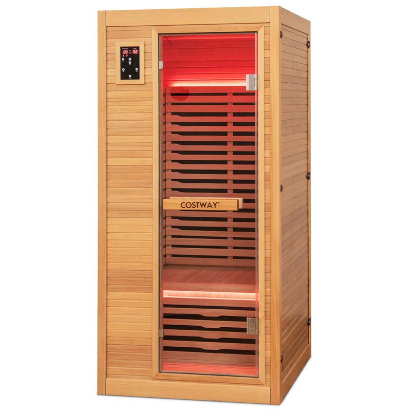 1-2 Person Low-EMF Far Infrared Sauna, Canadian Hemlock Wood Home Sauna Room with 9 Carbon Heaters, Oxygen Ionizer & Dual-Control System