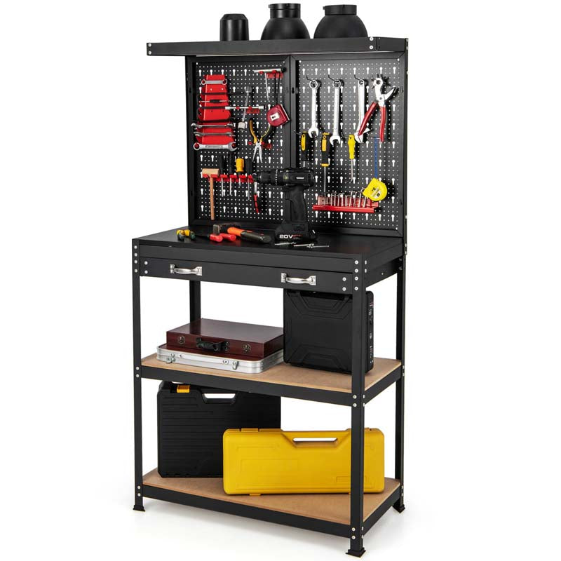 32" x 16" Tool Storage Workbench with Pegboard, Drawer & 14 Hanging Kits, 220 LBS Heavy-Duty Work Table for Garage, Workshop