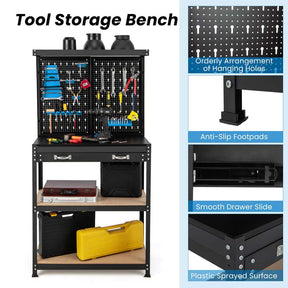 32" x 16" Tool Storage Workbench with Pegboard, Drawer & 14 Hanging Kits, 220 LBS Heavy-Duty Work Table for Garage, Workshop
