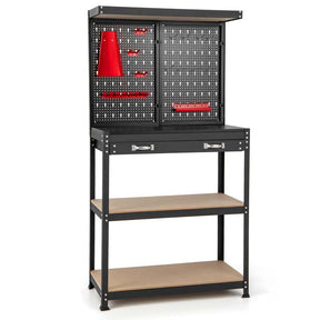 32" x 16" Tool Storage Workbench with Pegboard, Drawer & 14 Hanging Kits, 220 LBS Heavy-Duty Work Table for Garage, Workshop