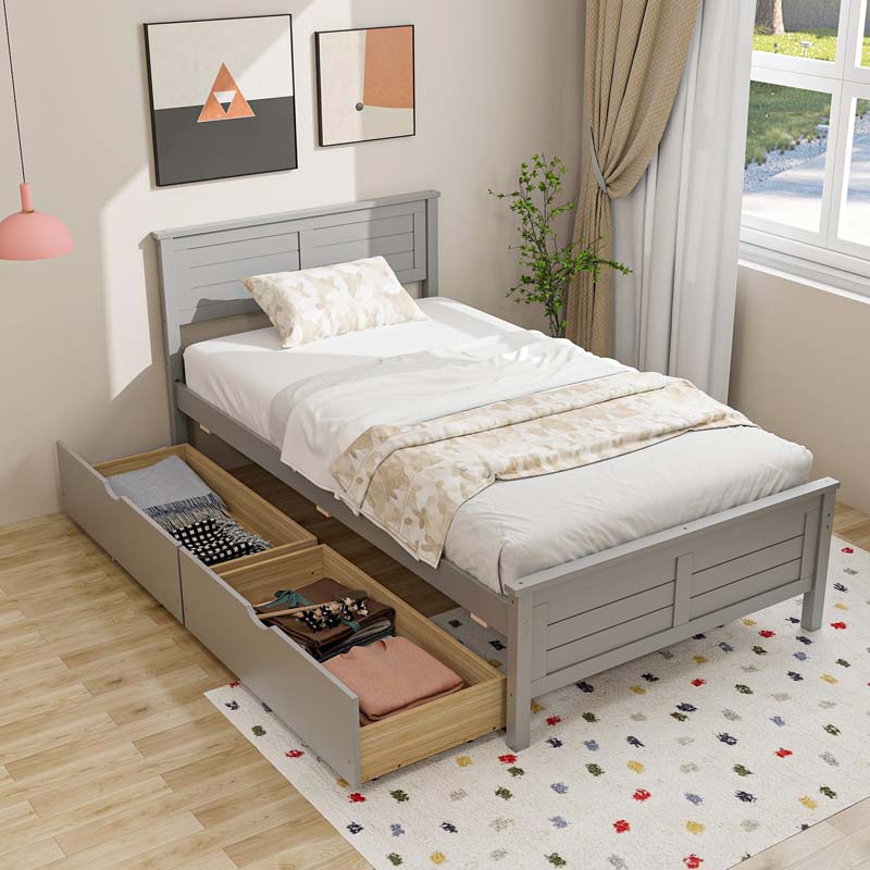 Solid Wood Platform Bed Frame with 2 Storage Drawers & Headboard, Wooden Slats Support Mattress Foundation, No Box Spring Needed