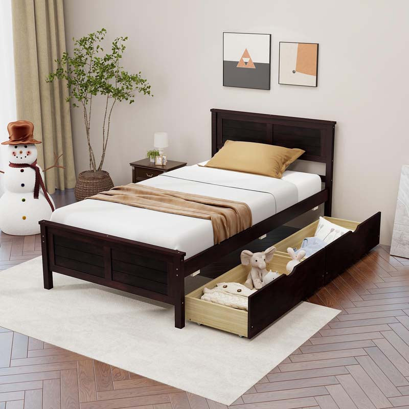 Solid Wood Platform Bed Frame with 2 Storage Drawers & Headboard, Wooden Slats Support Mattress Foundation, No Box Spring Needed