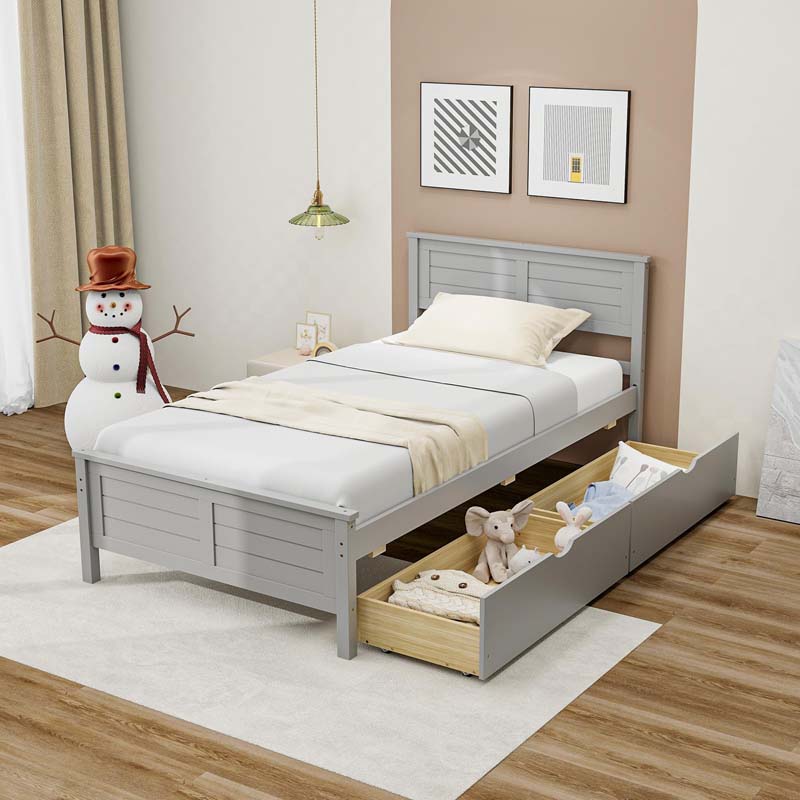 Solid Wood Platform Bed Frame with 2 Storage Drawers & Headboard, Wooden Slats Support Mattress Foundation, No Box Spring Needed