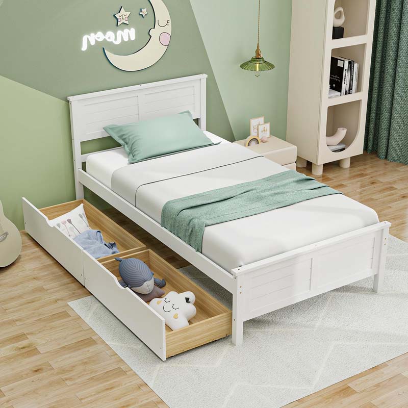 Solid Wood Platform Bed Frame with 2 Storage Drawers & Headboard, Wooden Slats Support Mattress Foundation, No Box Spring Needed