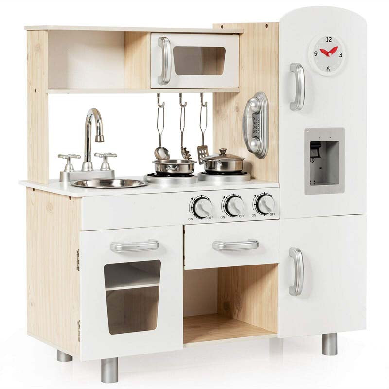 Wooden Kids Kitchen Playset w/Cookware Utensil, Phone, Clock, Water Dispenser, Pretend Cooking Toy Gift Toddlers Play Kitchen Set