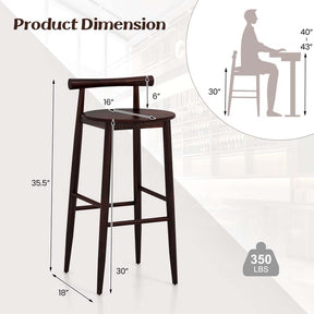 Acacia Wood Bar Stools Set of 2, 35"H Bar Height Kitchen Island Chairs with Back & Footrest, 350lb Capacity for Home Restaurant Cafe