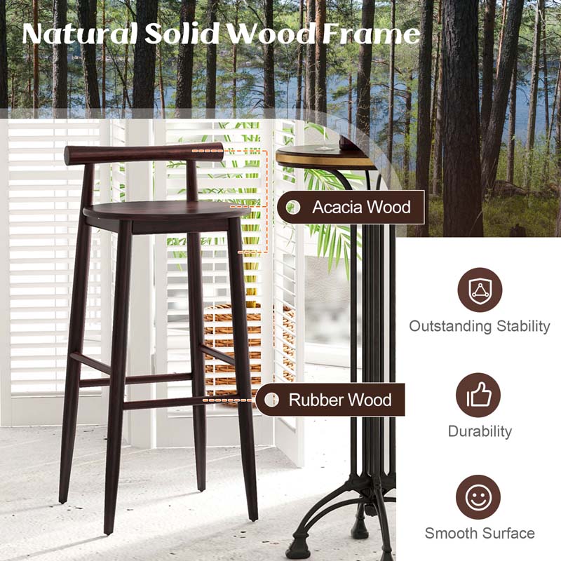 Acacia Wood Bar Stools Set of 2, 35"H Bar Height Kitchen Island Chairs with Back & Footrest, 350lb Capacity for Home Restaurant Cafe