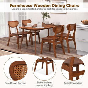 Farmhouse Style Solid Rubber Wooden Dining Chairs with Breathable Rattan Woven Backrest