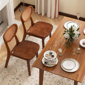 Farmhouse Style Solid Rubber Wooden Dining Chairs with Breathable Rattan Woven Backrest