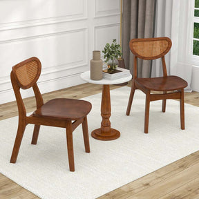 Farmhouse Style Solid Rubber Wooden Dining Chairs with Breathable Rattan Woven Backrest