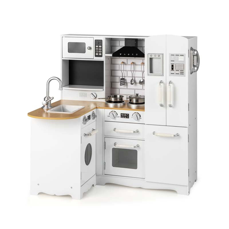 11-in-1 Toddler Wooden Play Kitchen Toy Set, Kids Corner Kitchen Playset with Realistic Washing Machine, Microwave, Stove, Sink